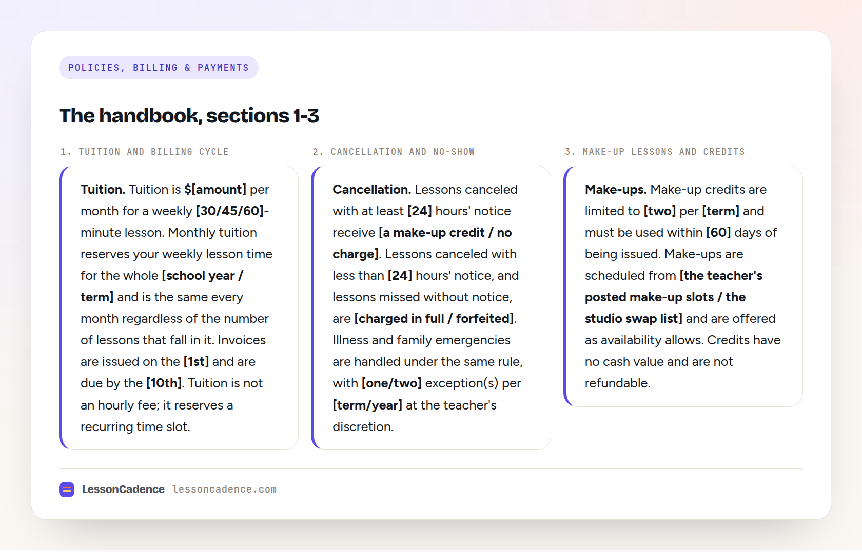 Preview of a nine-section music studio policies handbook template showing the tuition, cancellation, and make-up sections